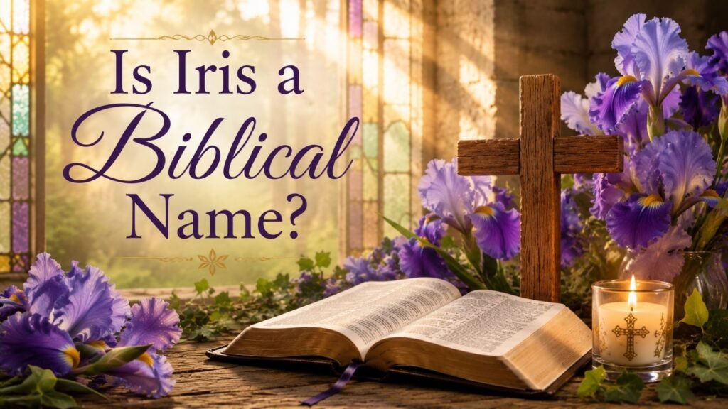 Biblical Meaning of the Name Iris: Spiritual Meaning, Symbolism & Significance 2 Is Iris a biblical name, represented by an open Bible, iris flowers, a wooden cross, and warm golden church light.