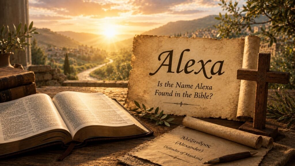 Biblical Meaning of the Name Alexa: Origin, Spiritual Significance & Christian Meaning 2 Open Bible beside a parchment with the name Alexa and a wooden cross, exploring whether Alexa is found in the Bible