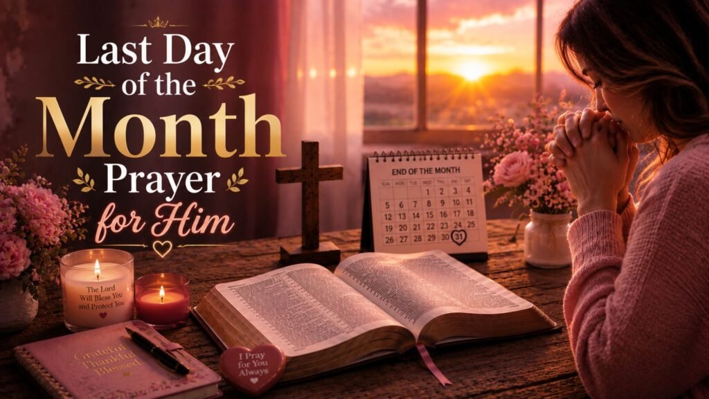 Last day of the month prayer for him with a woman praying beside an open Bible, wooden cross, candles, flowers, and a calendar at sunset
