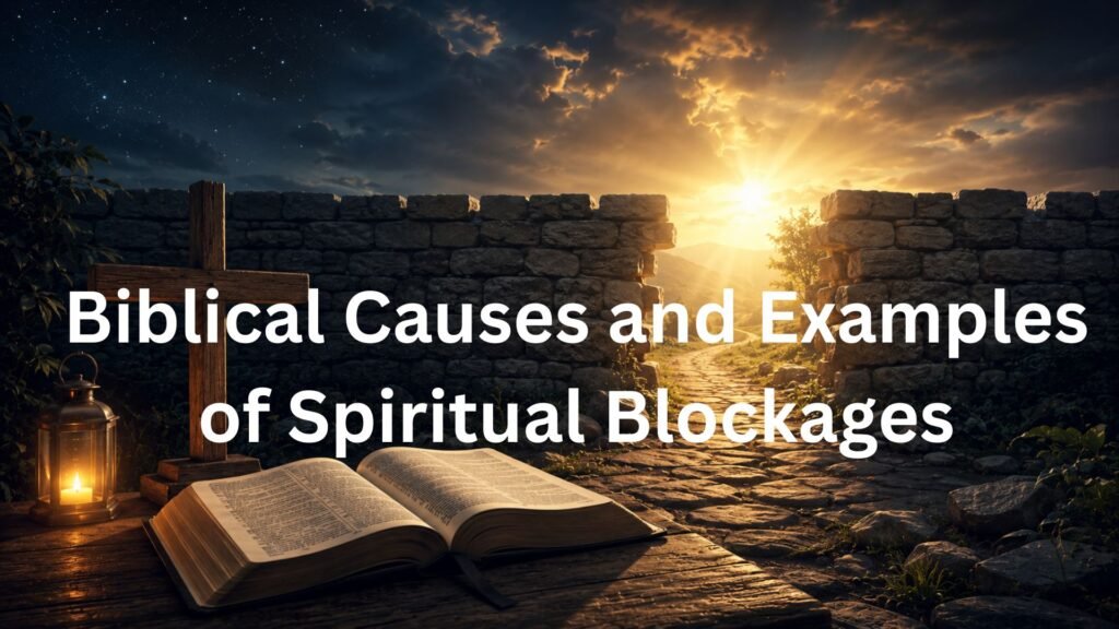 Open Bible and wooden cross beside a blocked pathway symbolizing biblical causes and examples of spiritual blockages