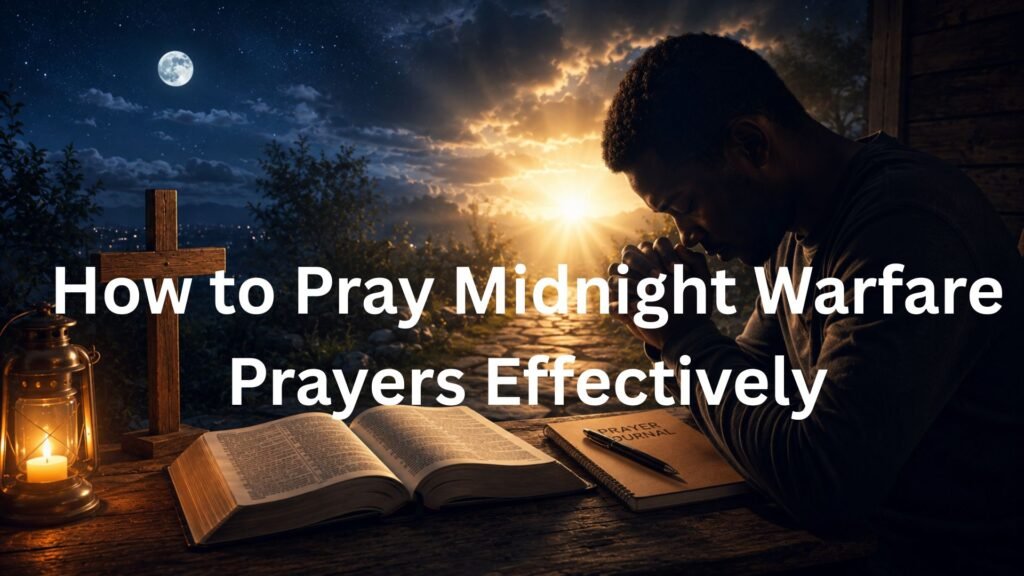 Person praying beside an open Bible at midnight, symbolizing effective warfare prayer, faith, and spiritual breakthrough