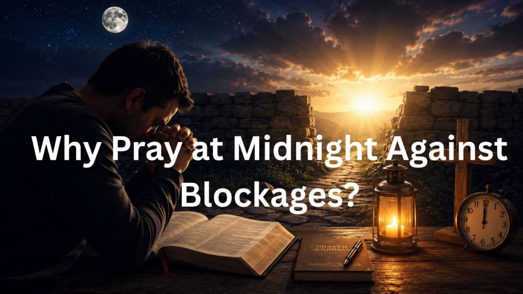 Person praying at midnight beside an open Bible and cross, symbolizing spiritual breakthrough and removal of blockages