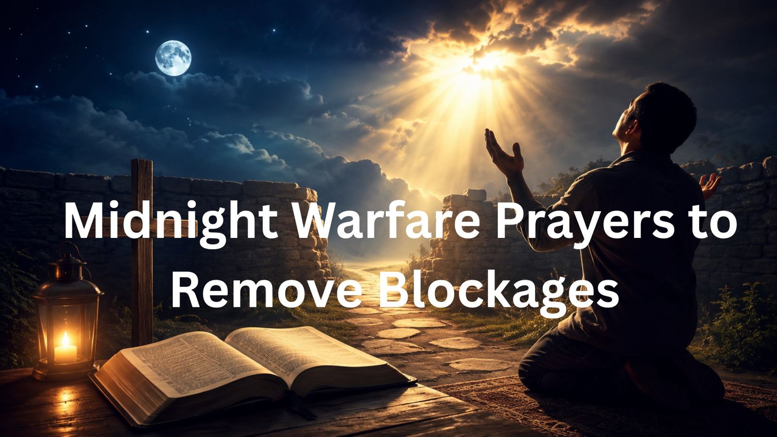 Person praying beside an open Bible at Midnight Warfare Prayers to Remove Blockages and breakthrough from blockages