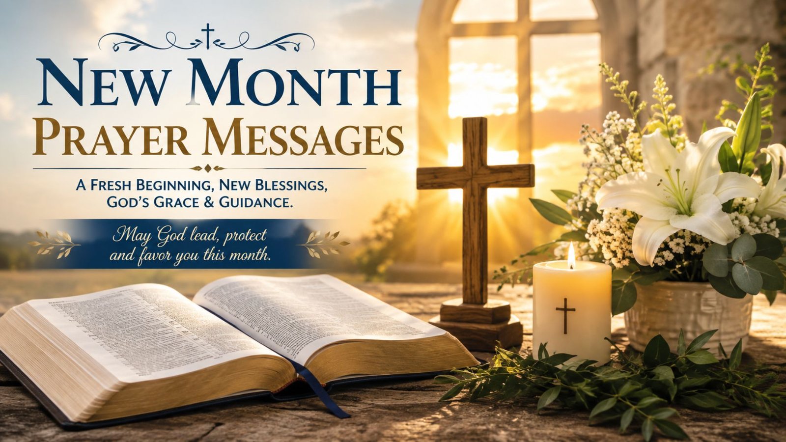 New Month Prayer Messages with an open Bible, wooden cross, candle, flowers, and peaceful sunrise light