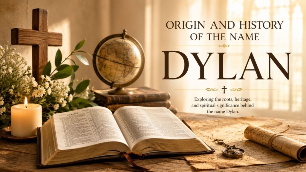 Origin and History of the Name Dylan featuring an open Bible, wooden cross, candle, flowers, antique books, and historical parchment.
