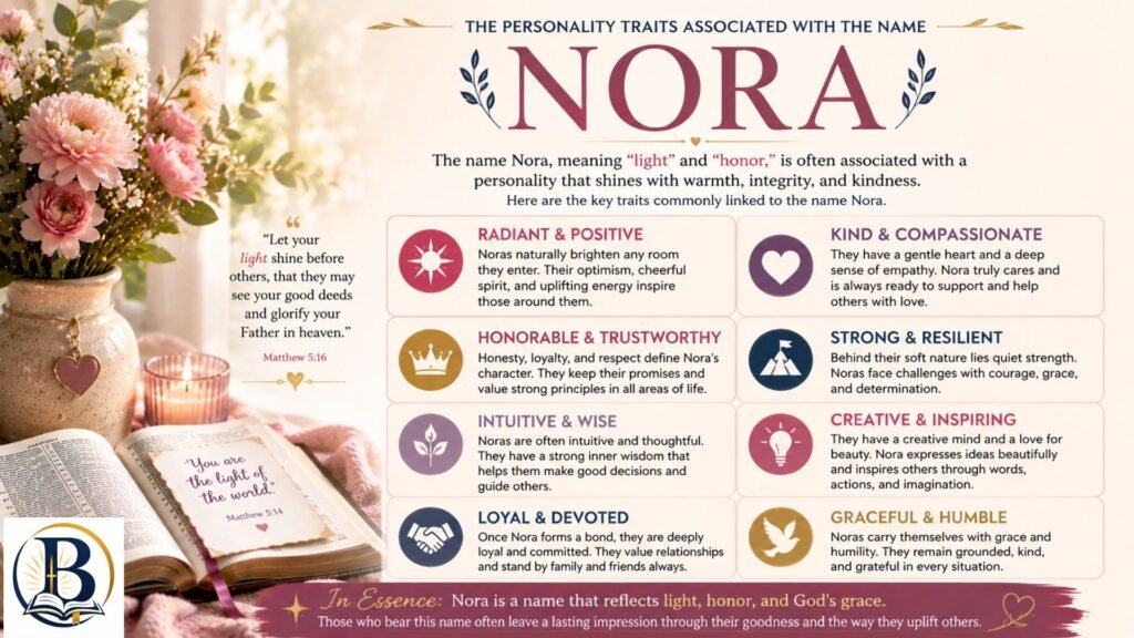 Personality traits associated with the name Nora, highlighting qualities such as kindness, wisdom, compassion, resilience, and faith-inspired character.