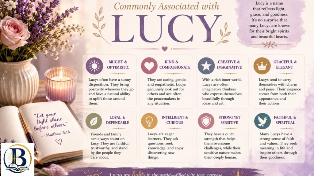Personality traits commonly associated with Lucy, highlighting qualities such as kindness, intelligence, optimism, compassion, and grace.