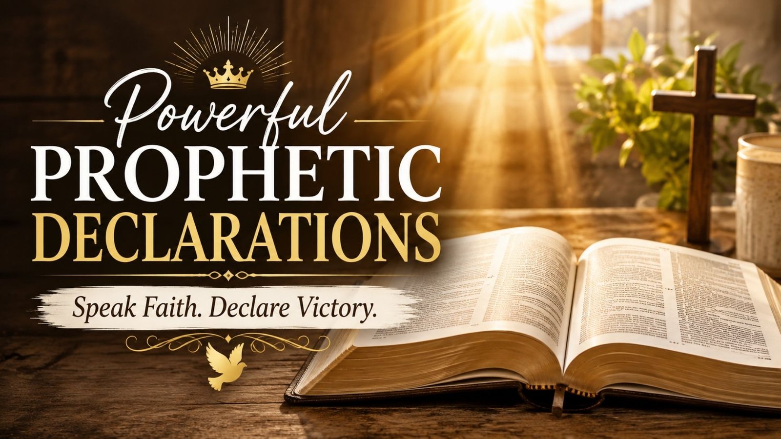 Powerful prophetic declarations with an open Bible and warm golden light symbolizing faith and victory
