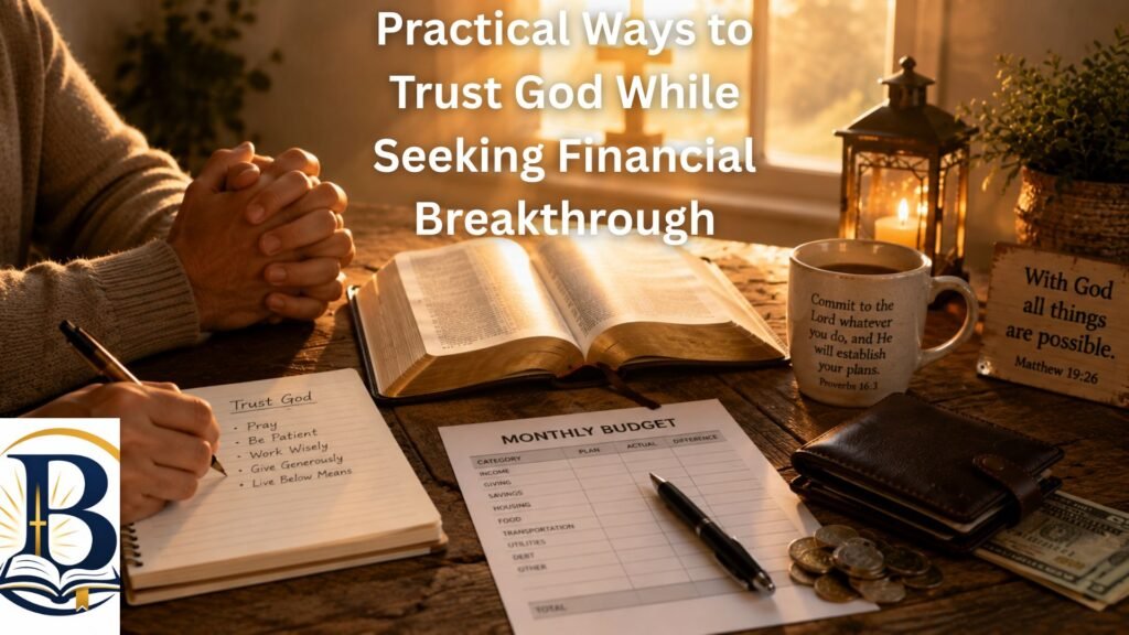 Christian financial breakthrough prayer with Bible, budgeting journal, and trusting God