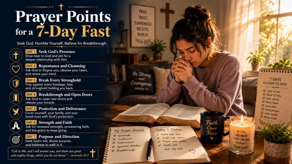 Open Bible and prayer journal with written prayer points beside a candle, representing a 7-day fast focused on faith, spiritual strength, guidance, and breakthrough.