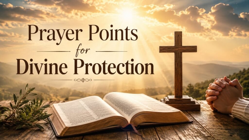 Prayer points for divine protection with an open Bible and wooden cross surrounded by peaceful golden light