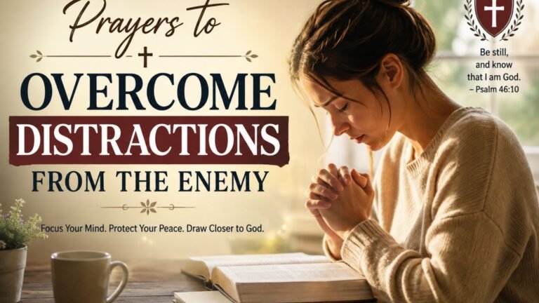 Prayers to overcome distractions from the enemy with a person praying over an open Bible