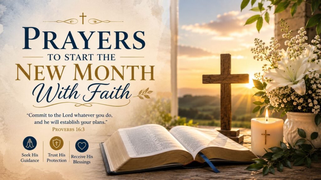 Prayers to Start the New Month With Faith featuring an open Bible, wooden cross, candle, white lilies, and peaceful sunrise light