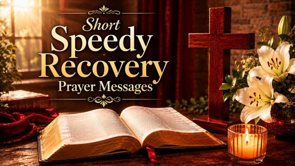 Short Speedy Recovery Prayer Messages with an open Bible, wooden cross, white flowers, and warm candlelight