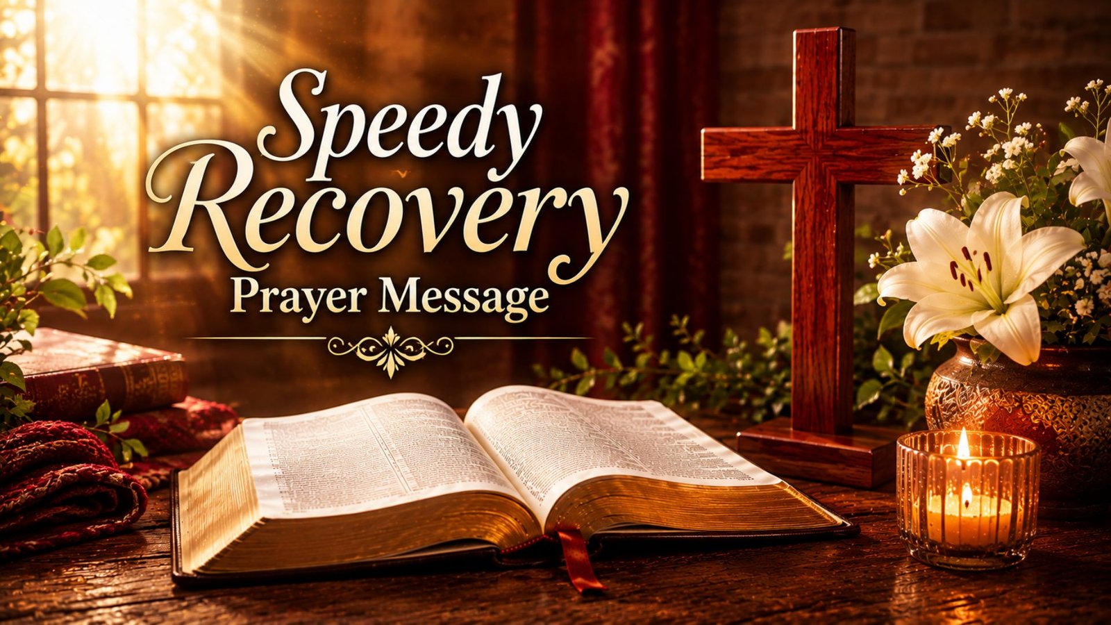 Speedy Recovery Prayer Message with an open Bible, wooden cross, candle, and warm golden light