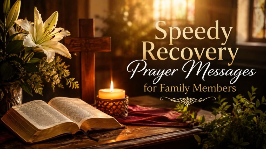 Speedy Recovery Prayer Messages for Family Members with an open Bible, wooden cross, white lilies, and warm candlelight
