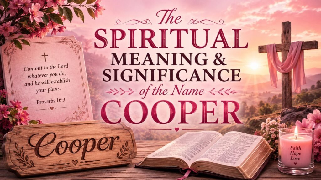 Spiritual meaning and significance of the name Cooper with a Bible, cross, sunrise, and Cooper name plaque