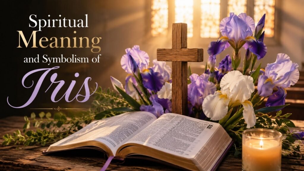 Biblical Meaning of the Name Iris: Spiritual Meaning, Symbolism & Significance 3 Spiritual meaning and symbolism of iris represented by purple flowers, an open Bible, wooden cross, candle, and golden church light.
