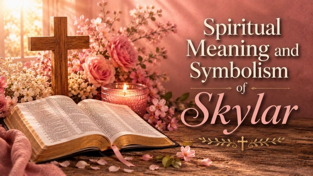 Spiritual meaning and symbolism of Skylar featured in a Christian-themed image with an open Bible, wooden cross, glowing candle, pink roses, white flowers, and warm golden light.