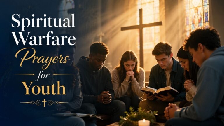 Spiritual warfare prayers for youth with young people praying together around an open Holy Bible and wooden cross in a peaceful church setting