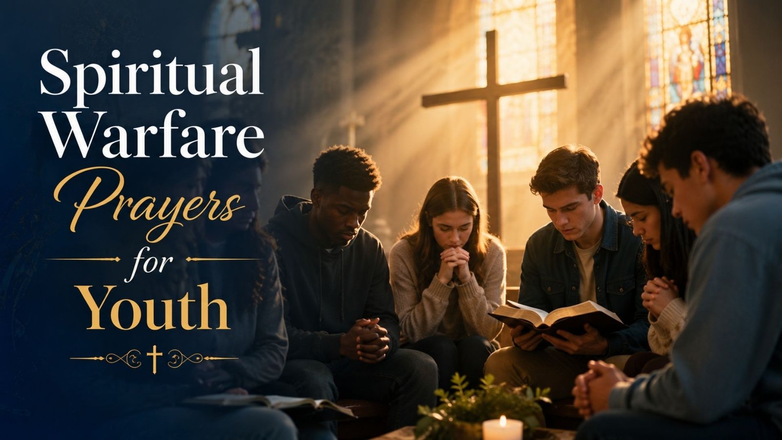 Spiritual warfare prayers for youth with young people praying together around an open Holy Bible and wooden cross in a peaceful church setting