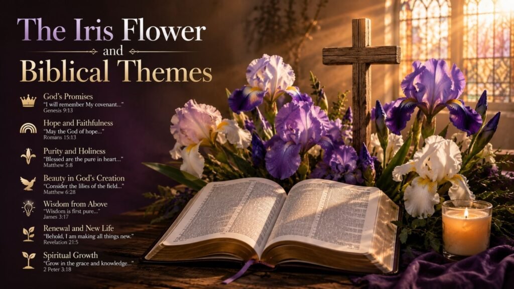 Biblical Meaning of the Name Iris: Spiritual Meaning, Symbolism & Significance 4 The iris flower and biblical themes represented with purple and white iris flowers, an open Bible, wooden cross, glowing candle, and warm church sunlight, symbolizing faith, hope, purity, renewal, wisdom, and spiritual growth.