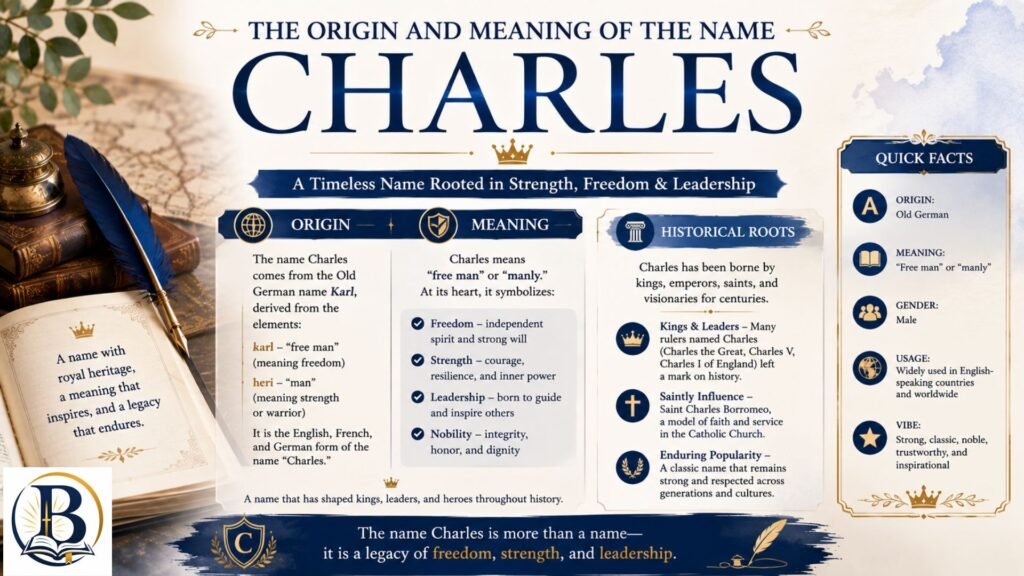 The origin and meaning of the name Charles, exploring its history, linguistic roots, cultural significance, and traditional interpretation.