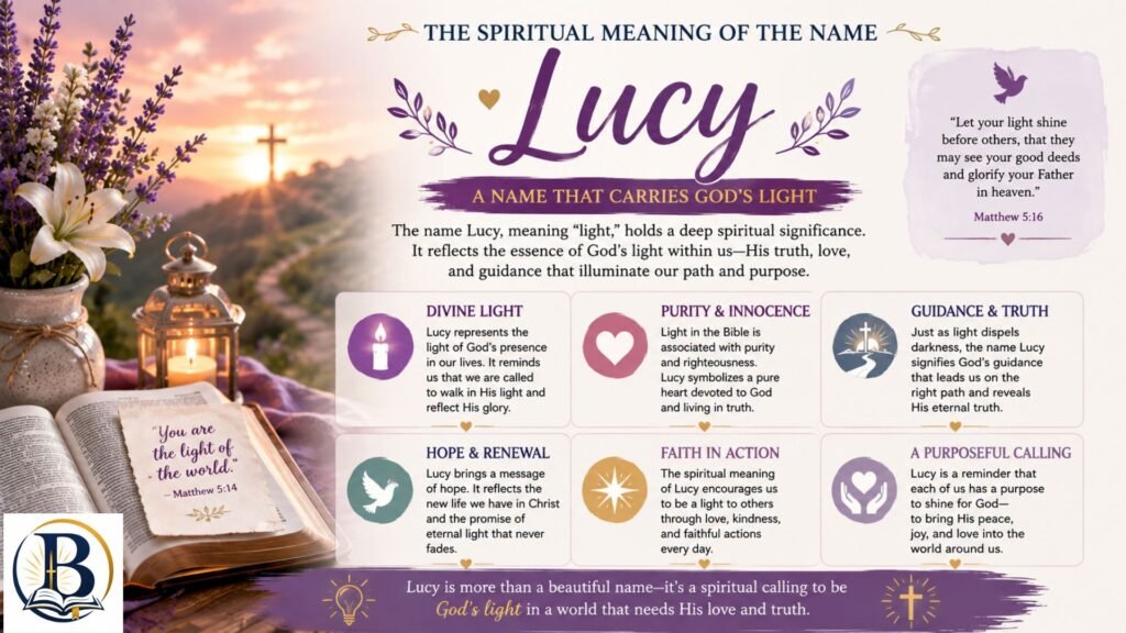 The spiritual meaning of the name Lucy, highlighting themes of light, faith, hope, and Christian symbolism.