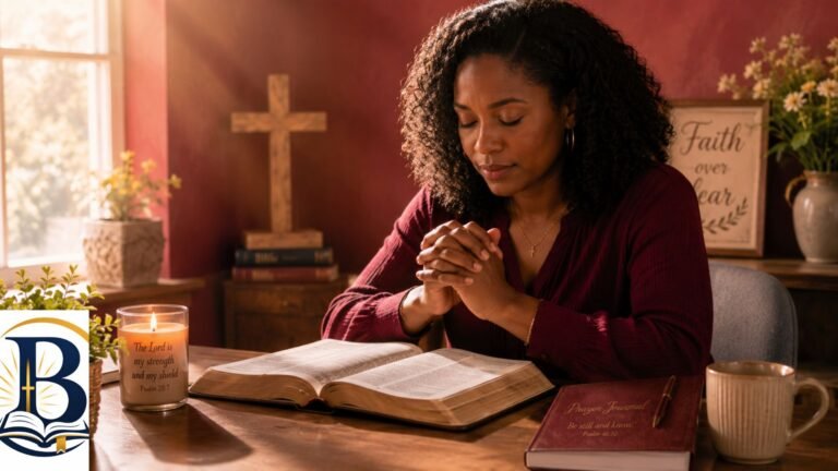 Christian praying beside an open Bible while seeking God’s protection through warfare prayer