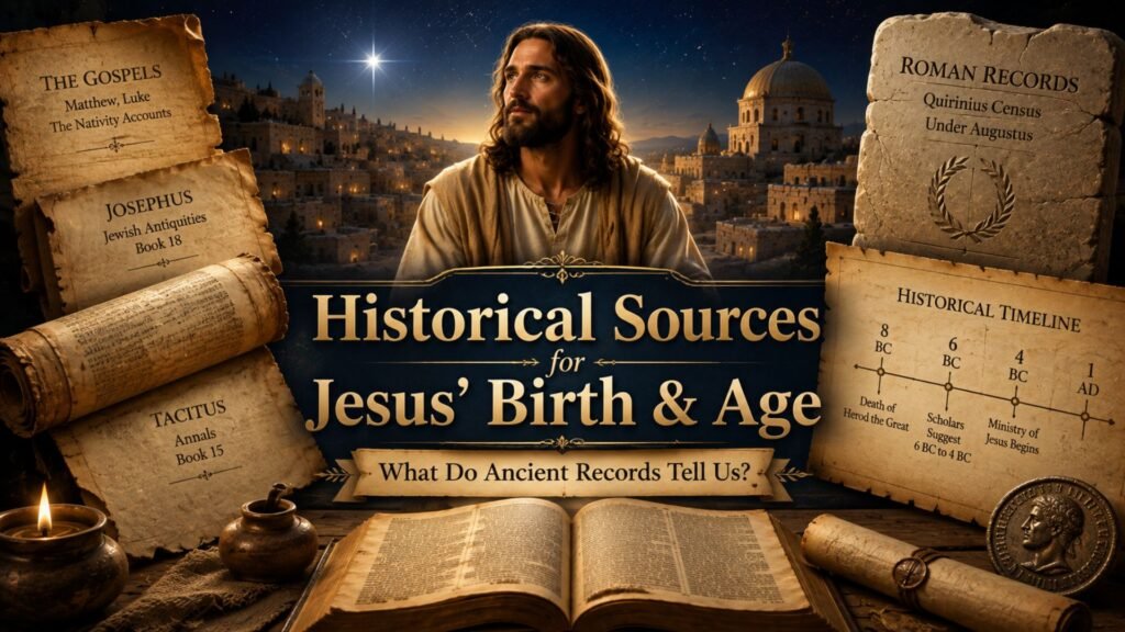 Historical sources for Jesus’ birth and age shown through ancient scrolls, manuscripts, and a biblical depiction of Jesus