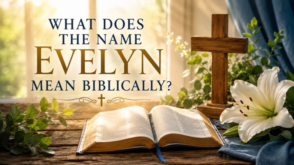 Biblical Women Who Reflect the Meaning of Evelyn, featuring an open Bible, wooden cross, white lilies, greenery, and warm sunlight symbolizing faith and grace.