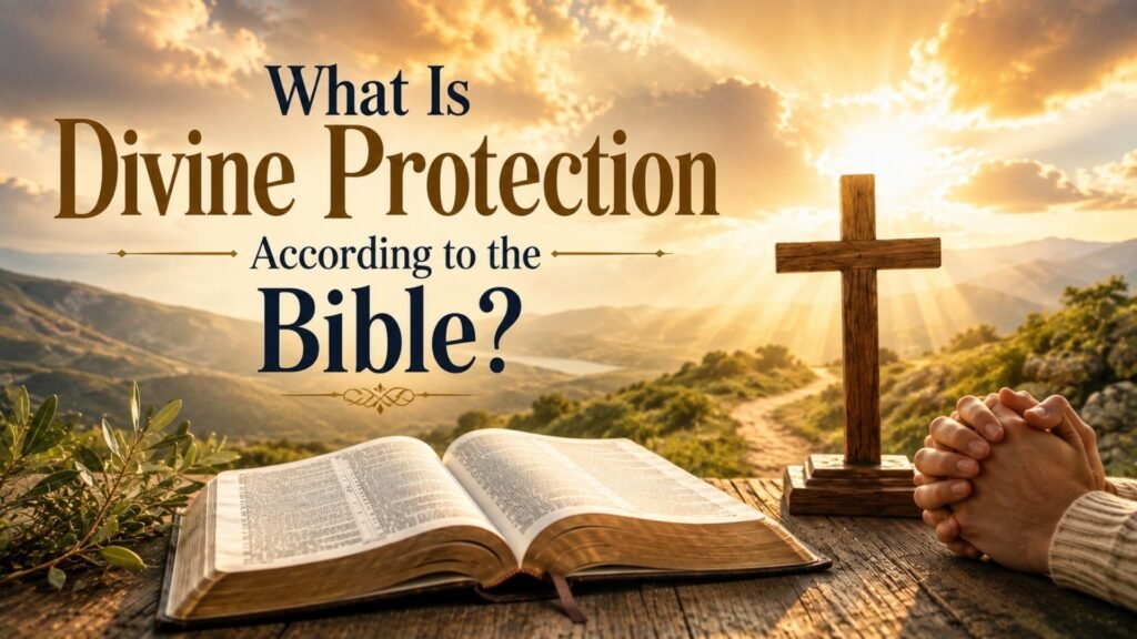 65 Powerful Prayer Points for Divine Protection and Safety With Bible Verses 2 What is divine protection according to the Bible, with an open Bible and wooden cross illuminated by peaceful golden light