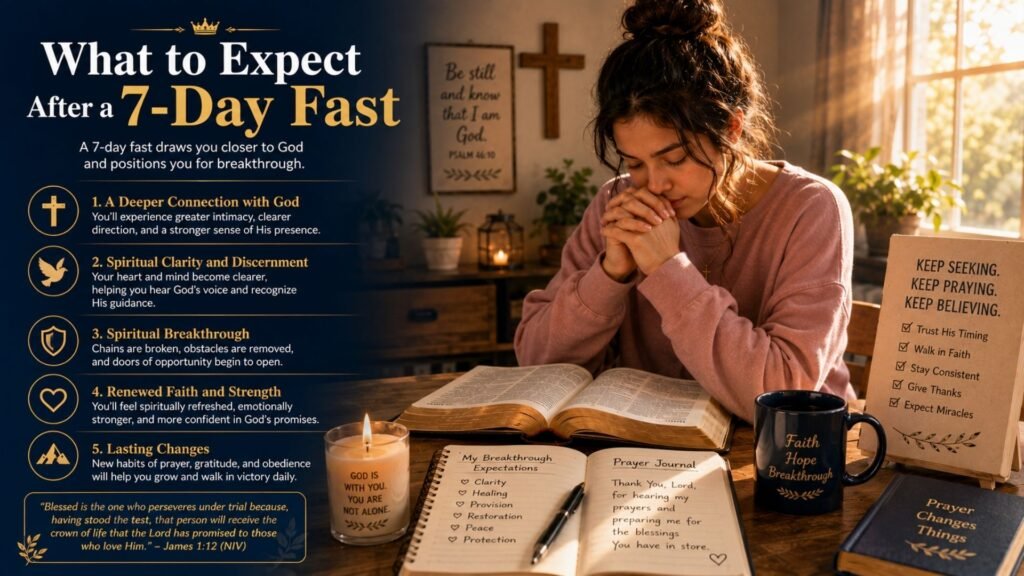 Open Bible, prayer journal, and candle in a peaceful setting, symbolizing spiritual renewal, clarity, deeper faith, and personal growth after a 7-day fast.