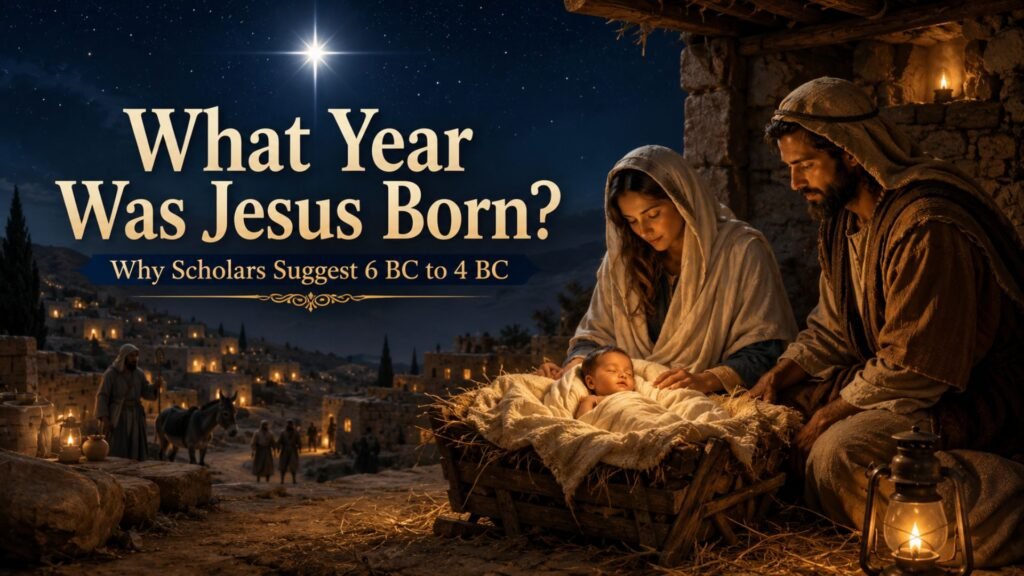 “What year was Jesus born? Nativity scene in Bethlehem with baby Jesus, Mary, Joseph, and the Star of Bethlehem”