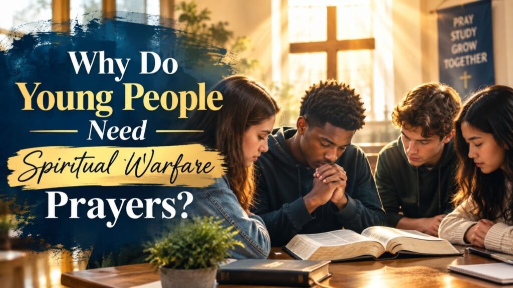 Young people praying and studying the Bible in church to represent the need for spiritual warfare prayers, protection, faith, and guidance