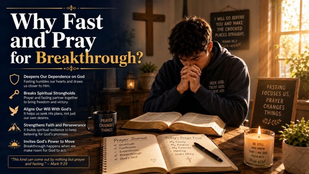 Person praying beside an open Bible during a fasting and prayer routine, symbolizing spiritual breakthrough, faith, strength, and deeper connection with God.