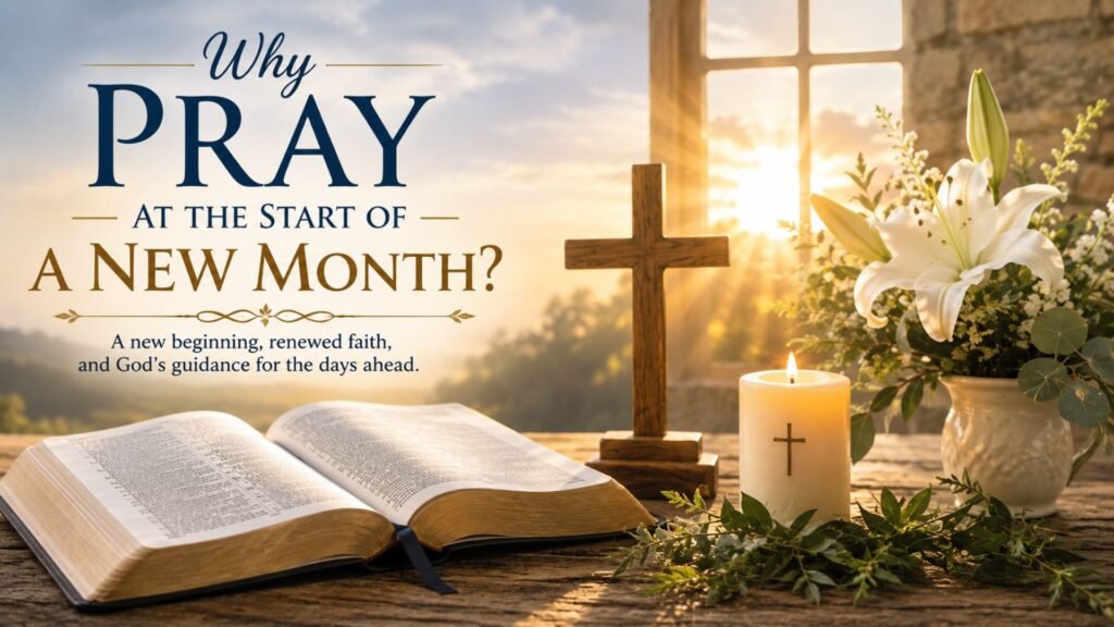 Why Pray at the Start of a New Month with an open Bible, wooden cross, candle, flowers, and peaceful sunrise light
