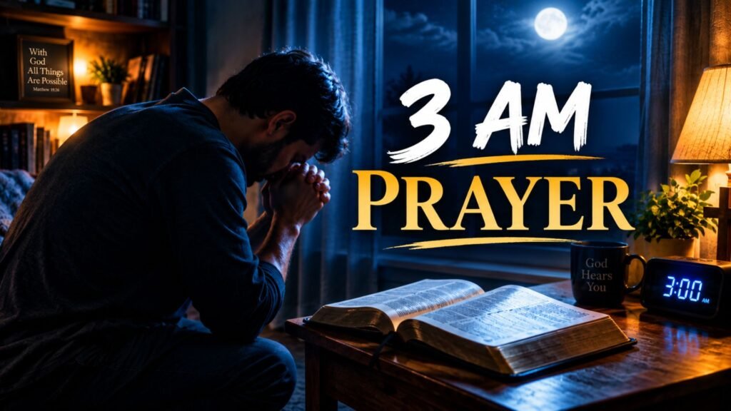 3 AM prayer beside an open Bible in a peaceful nighttime setting