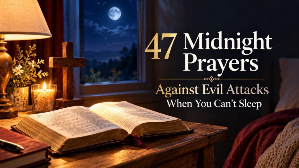 47 Midnight Prayers Against Evil Attacks When You Can’t Sleep with an open Bible, wooden cross, candle, and peaceful nighttime light symbolizing God’s protection.