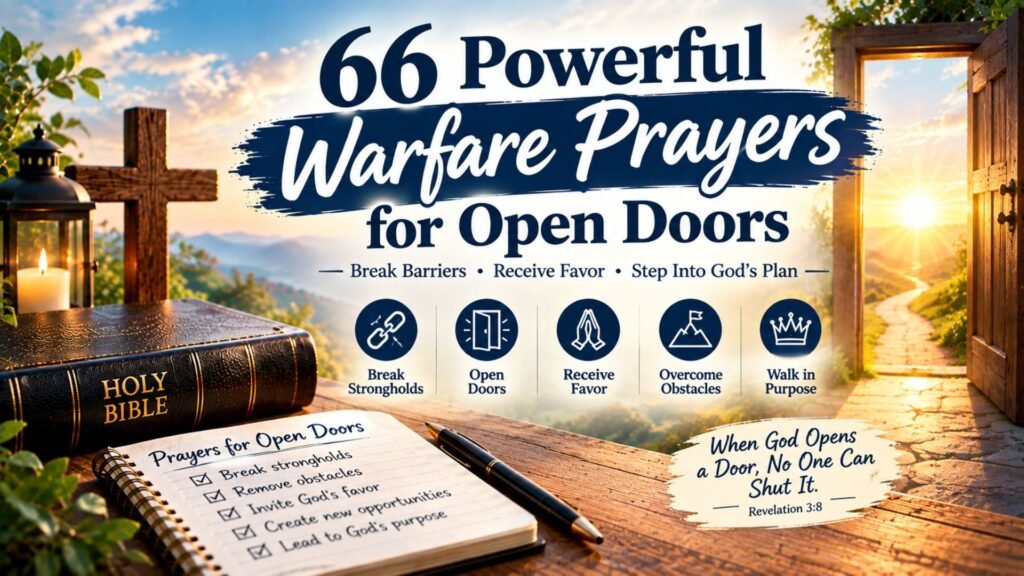 66 powerful warfare prayers for open doors with a Bible, wooden cross, prayer journal, radiant open doorway, and symbols representing faith, favor, breakthrough, and overcoming obstacles.