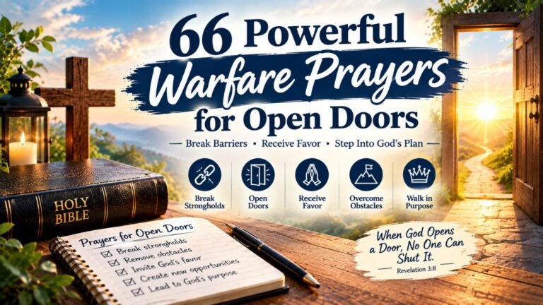 66 powerful warfare prayers for open doors with a Bible, wooden cross, prayer journal, radiant open doorway, and symbols representing faith, favor, breakthrough, and overcoming obstacles.