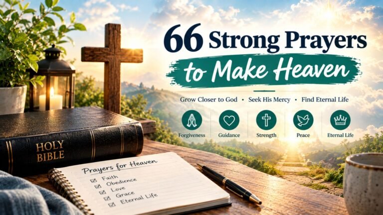 66 Strong Prayers to Make Heaven with a Bible, wooden cross, prayer journal, glowing heavenly path, and symbols of faith, forgiveness, guidance, peace, and eternal life.