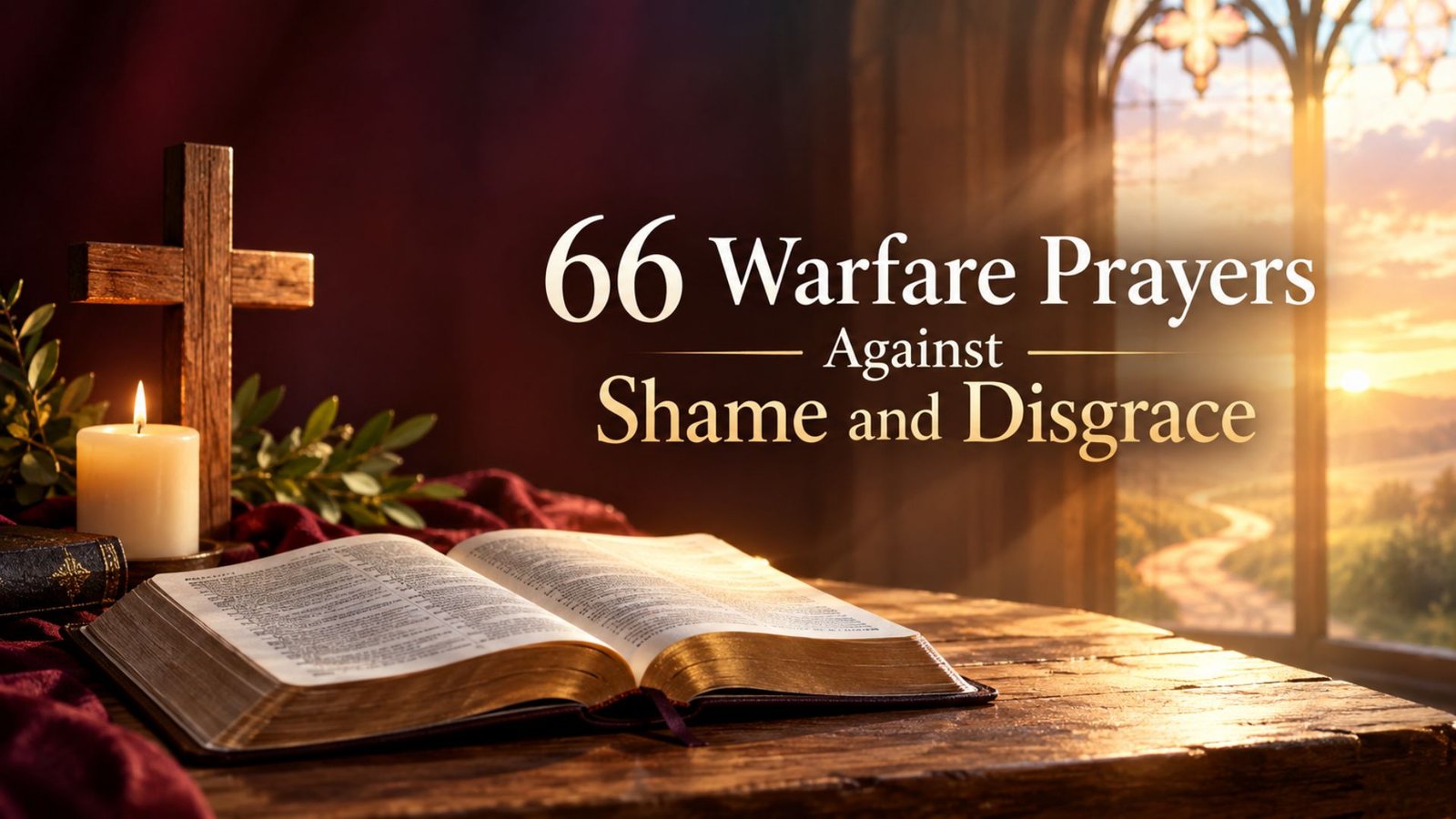 66 Warfare Prayers Against Shame and Disgrace with an open Bible, wooden cross, candle, and warm church light symbolizing spiritual victory and restoration.