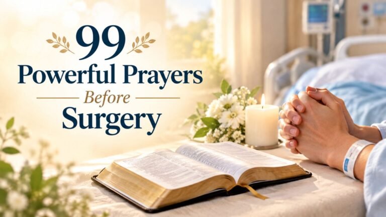 Open Bible and praying hands beside a candle, representing 99 powerful prayers before surgery for faith, comfort, and hope