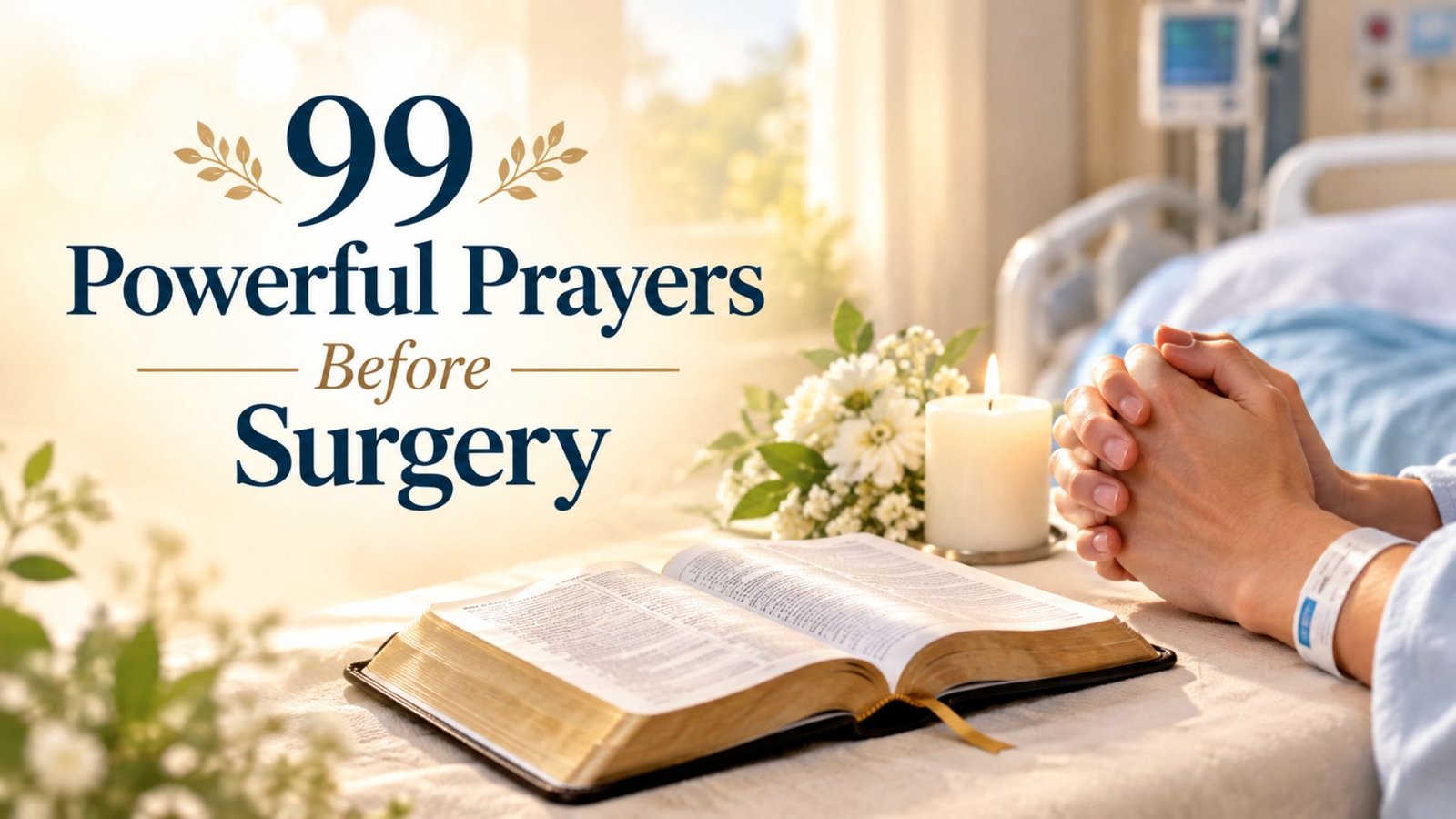 Open Bible and praying hands beside a candle, representing 99 powerful prayers before surgery for faith, comfort, and hope