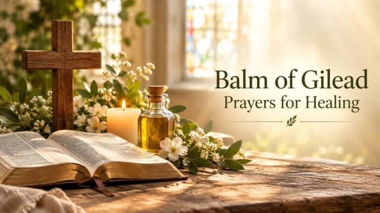 Balm of Gilead prayers for healing with an open Bible, wooden cross, candle, flowers, and a symbolic healing balm bottle.