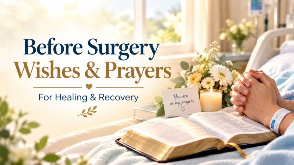 Clasped hands in prayer beside an open Bible and flowers in a peaceful hospital setting, representing before surgery wishes and prayers for healing and recovery