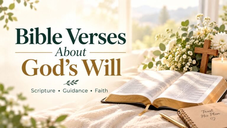 Open Bible illuminated by warm sunlight with white flowers and a wooden cross, representing Bible verses about God’s will, guidance, and faith