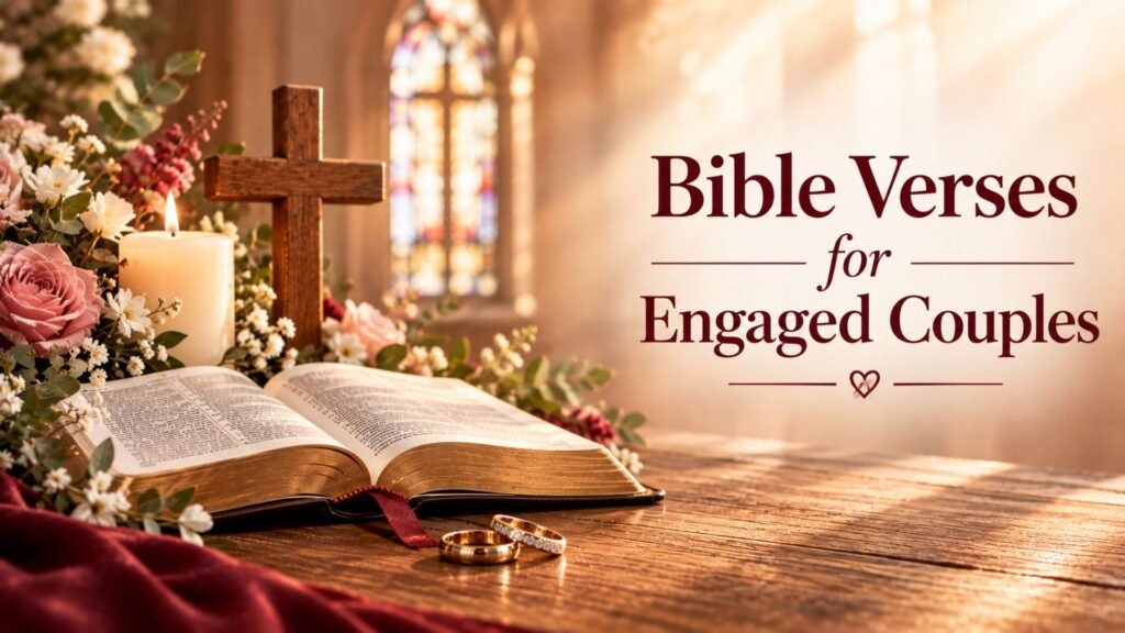 66 Powerful Engagement Prayers for Engaged Couples 2 Bible Verses for Engaged Couples with an open Holy Bible, wedding rings, wooden cross, candle, flowers, and warm church-window light.