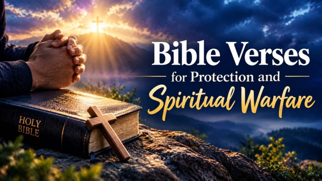 63 Powerful Warfare Prayers Against Witchcraft and Evil Attacks 3 Open Holy Bible with praying hands, a glowing cross, and dramatic blue and golden sky representing Bible verses for protection and spiritual warfare.